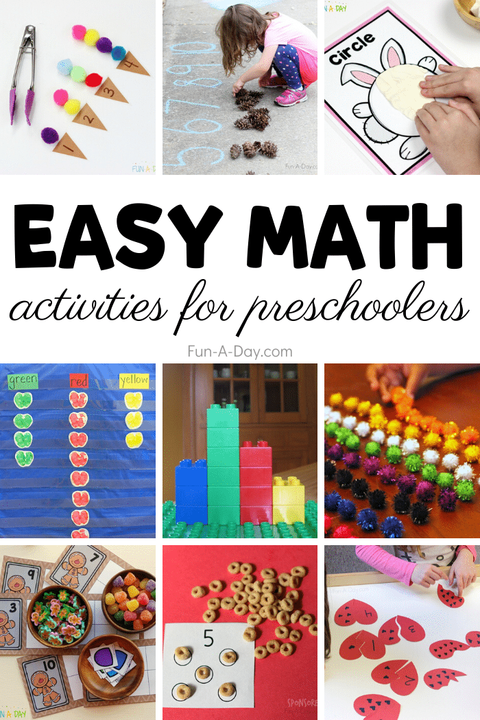 collage of math activities for preschoolers at home and school with text that reads easy math activities for preschoolers