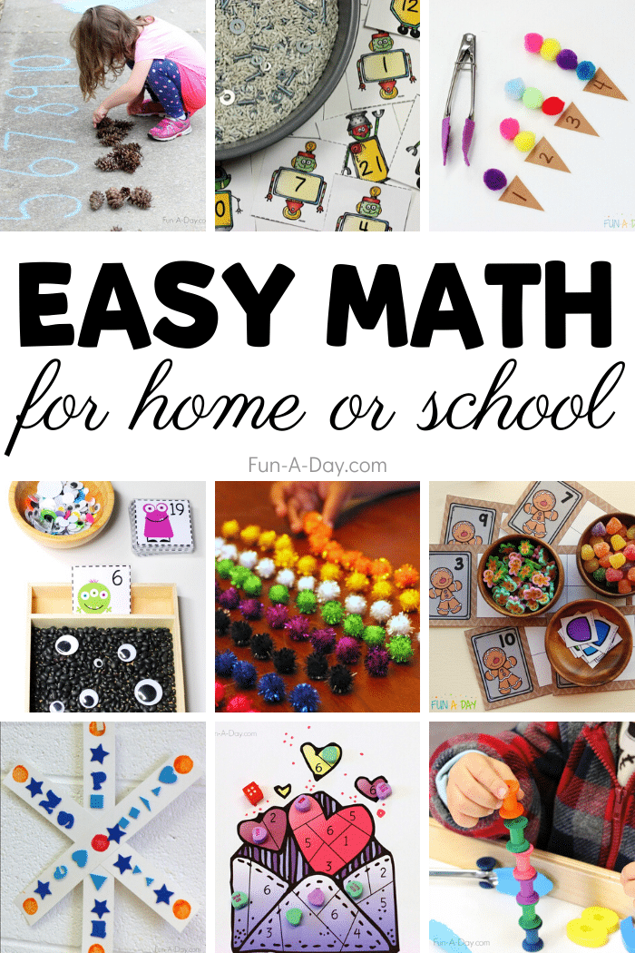 collage of preschool math activities with text that reads easy math for home or school