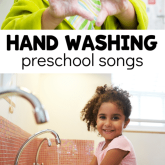 close up of soapy hands and girl washing hands with text that reads hand washing preschool songs