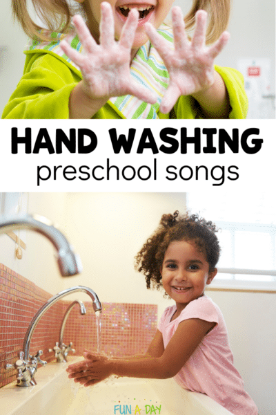 close up of soapy hands and girl washing hands with text that reads hand washing preschool songs