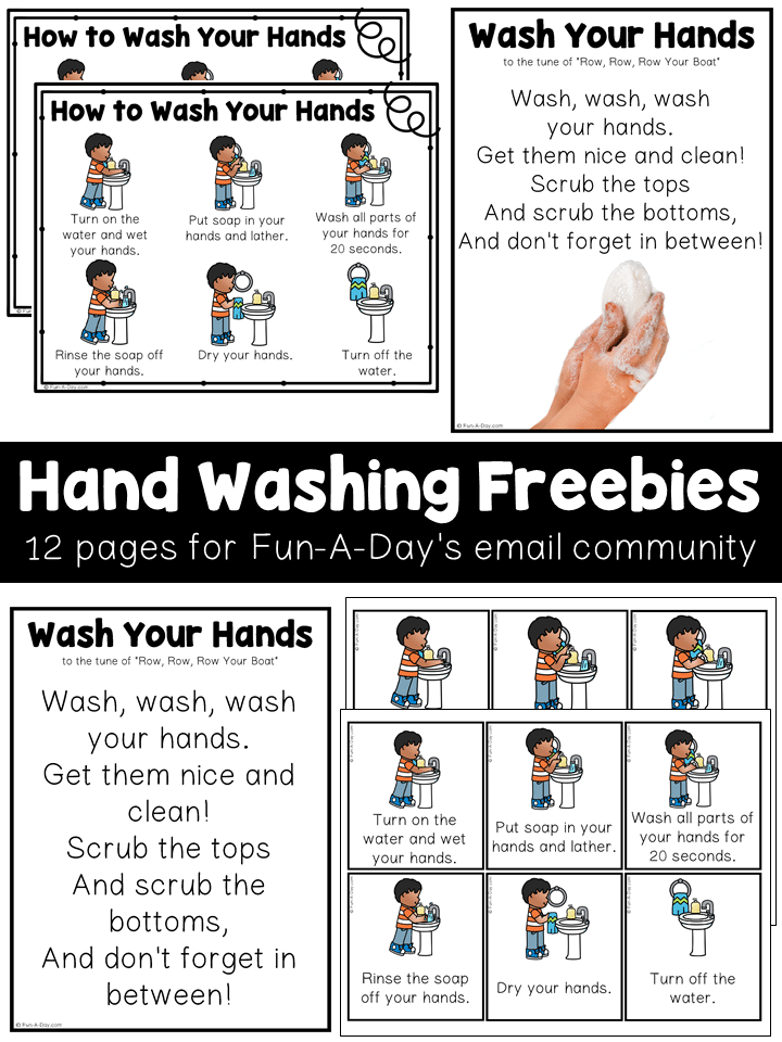 collage of free printables with text that reads hand washing freebies