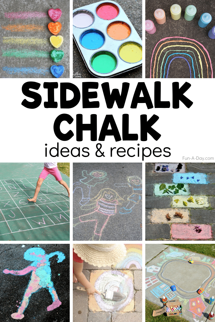 chalk activities with text that reads sidewalk chalk ideas and recipes