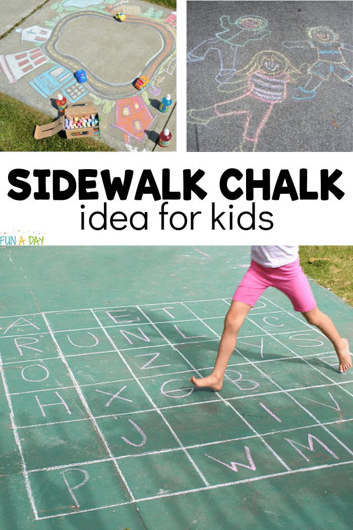3 chalk drawing activities with text that reads sidewalk chalk idea for kids