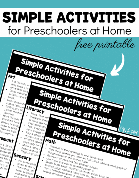 image of free printable with kids' activities and text that reads simple activities for preschoolers at home