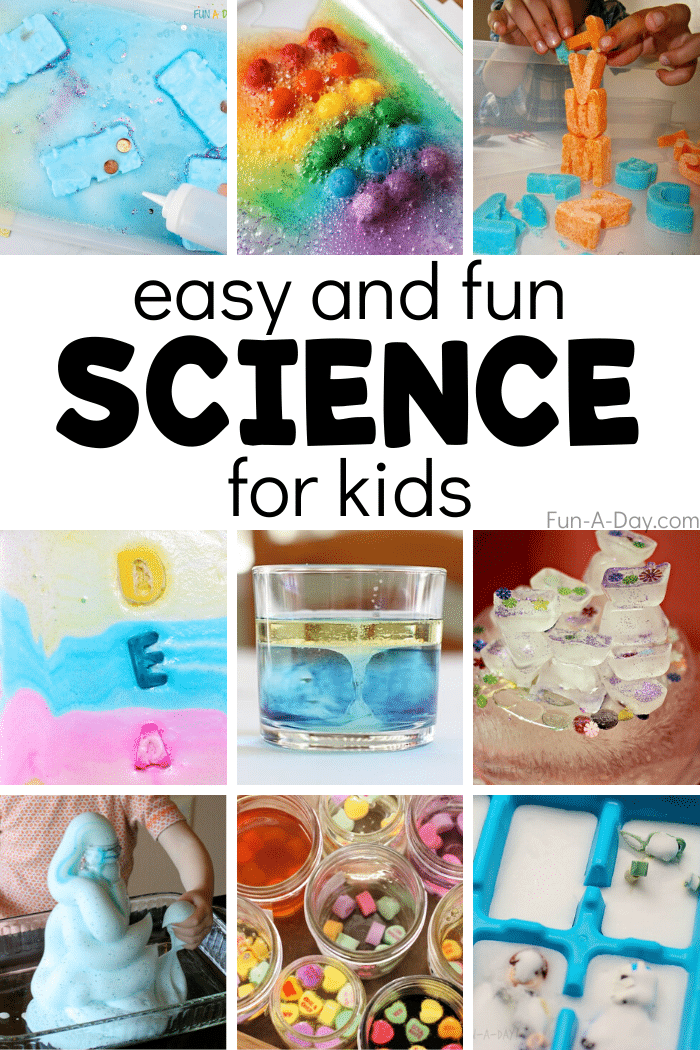 collage of kids' science activities with text that reads easy and fun science for kids
