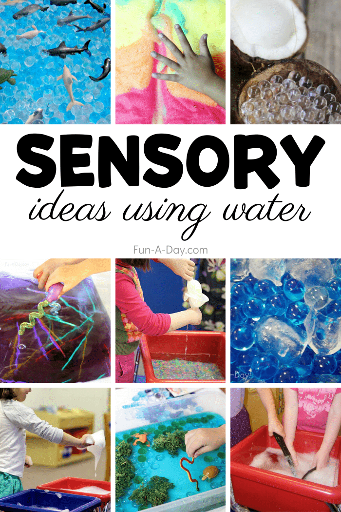 sensory activity pictures with text that reads sensory ideas using water