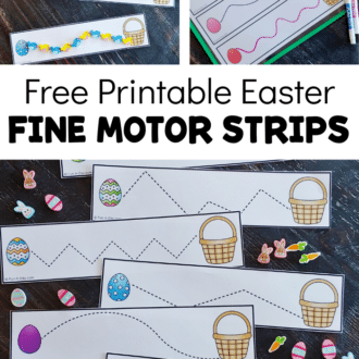 collage of easter-themed cutting printables with mini erasers and text that reads free printable easter fine motor strips