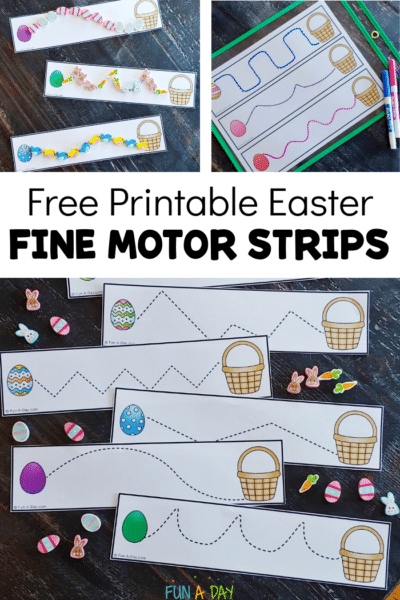 collage of easter-themed cutting printables with mini erasers and text that reads free printable easter fine motor strips
