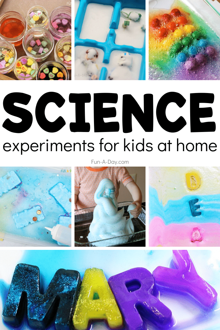 images of science for kids with text that reads science experiments for kids at home