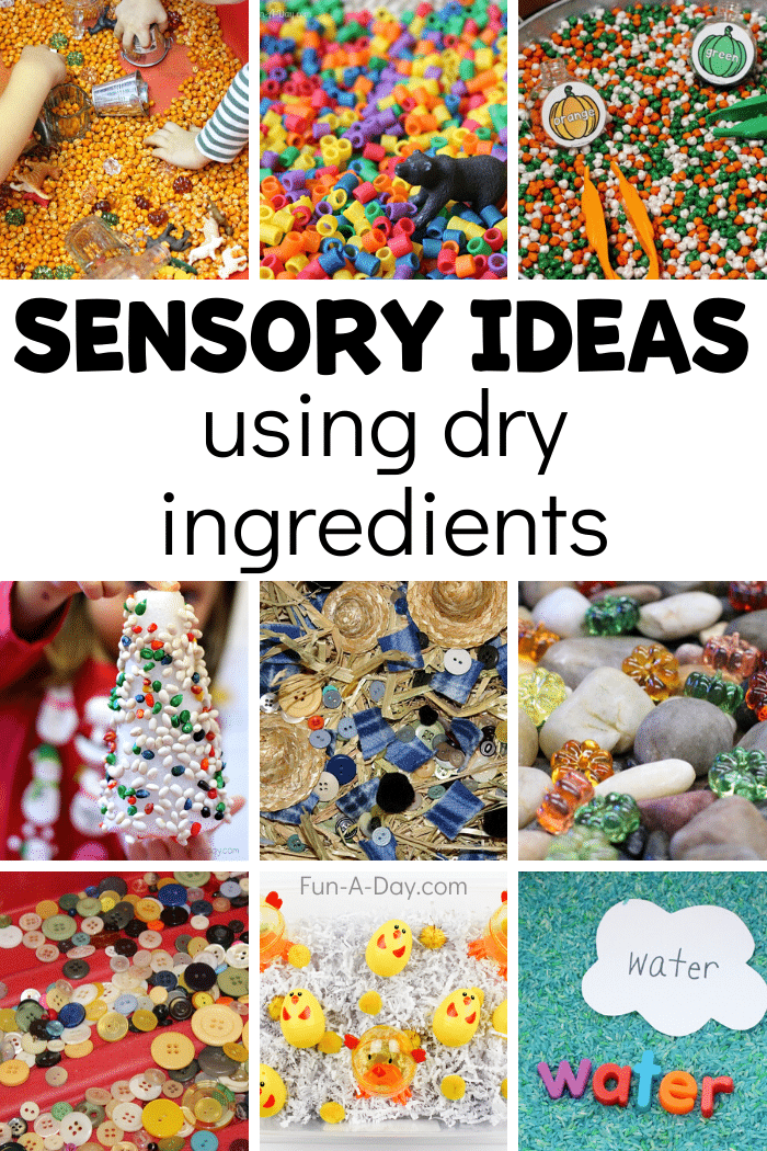 sensory bin photos with text that reads sensory ideas using dry ingredients