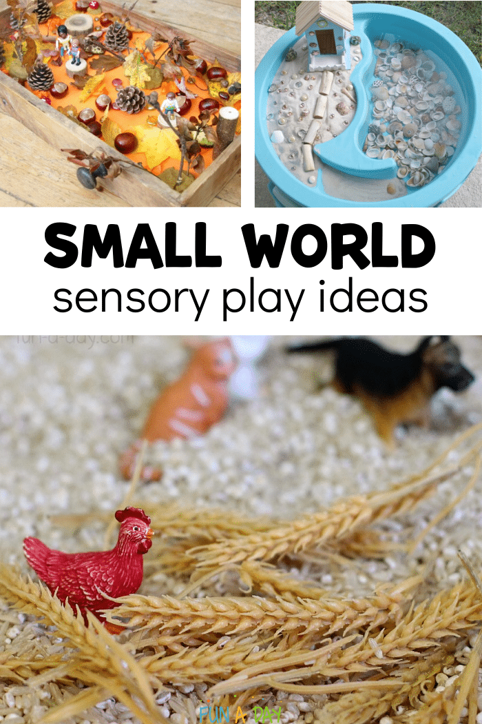 sensory bins with text that reads small world sensory play ideas