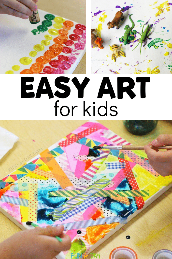 3 preschool art images with text that reads easy art for kids