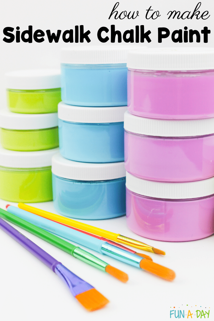 green, blue, and pink sidewalk chalk paint with paintbrushes