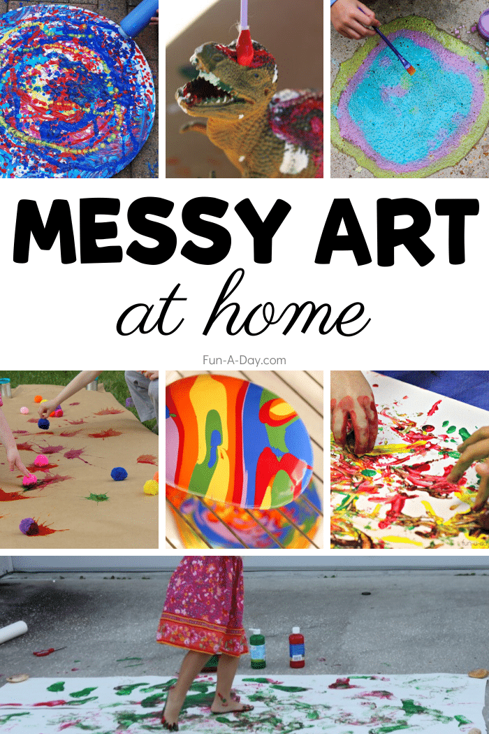 collage of art activities with text that reads messy art at home