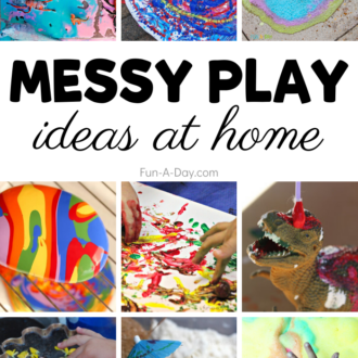 collage of messy activities with text that reads messy play ideas at home