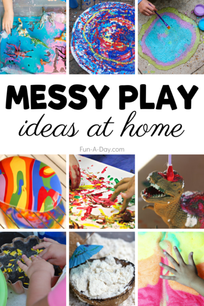 collage of messy activities with text that reads messy play ideas at home