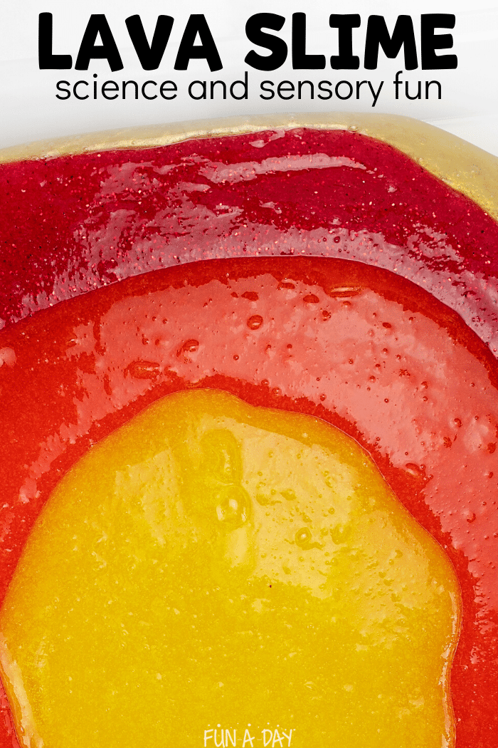 layers of gold, red, orange, and yellow slimes with text that reads lava slime science and sensory fun