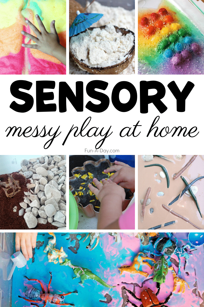 collage of sensory activities with text that reads sensory messy play at home