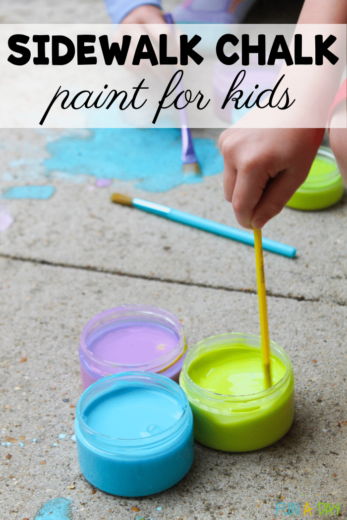 image of child dipping paintbrush in homemade paint with text that reads sidewalk chalk paint for kids