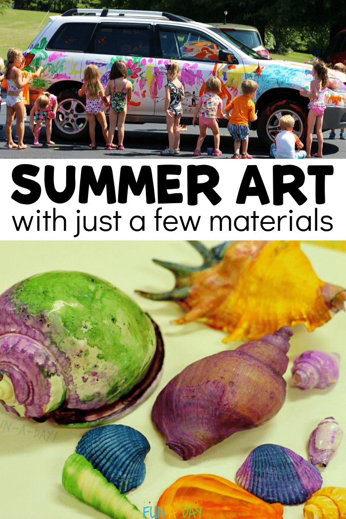 painted shells and kids painting a car with text that reads summer art with just a few materials