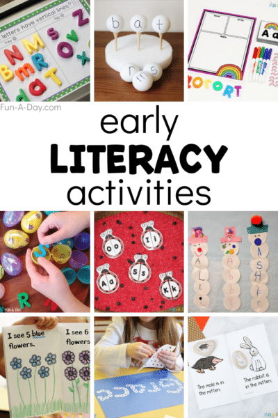 collage of preschool literacy ideas with text that reads early literacy activities