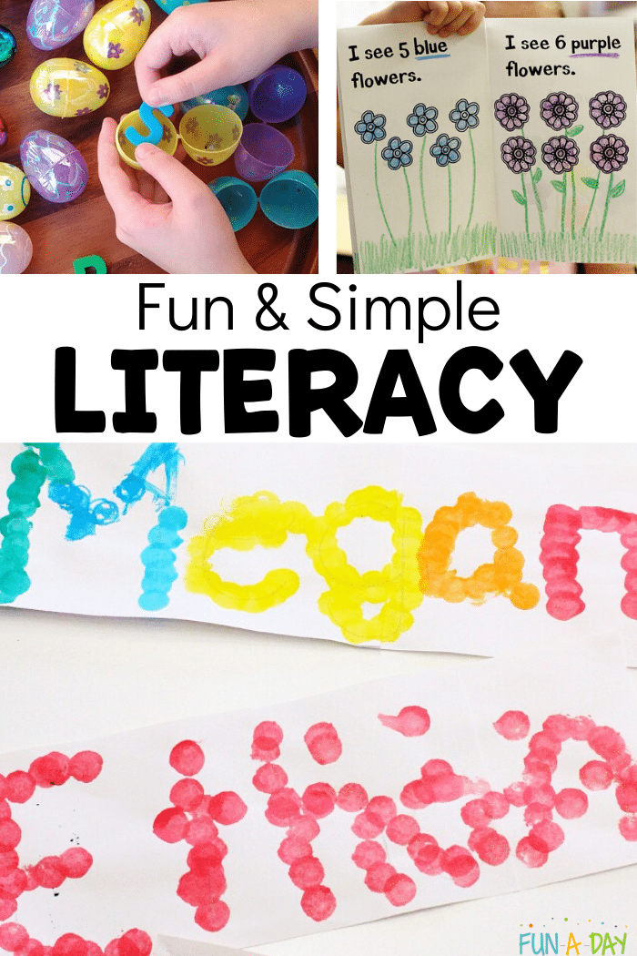 3 literacy activities with text that reads fun and simple literacy