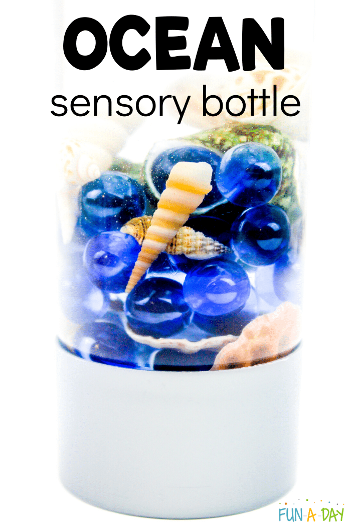 close up of a shell discovery bottle with text that reads ocean sensory bottle