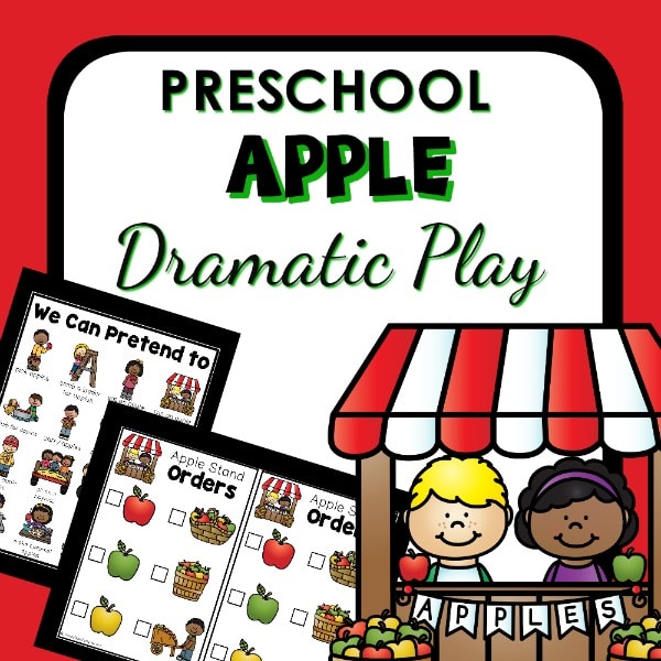 picture of two printables and two cartoon kids in a pretend apple stand with the text preschool apple dramatic play