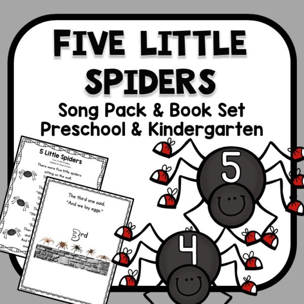 Collage of images which include two pages from the 5 little spiders sing-a-long activity, with text that reads 