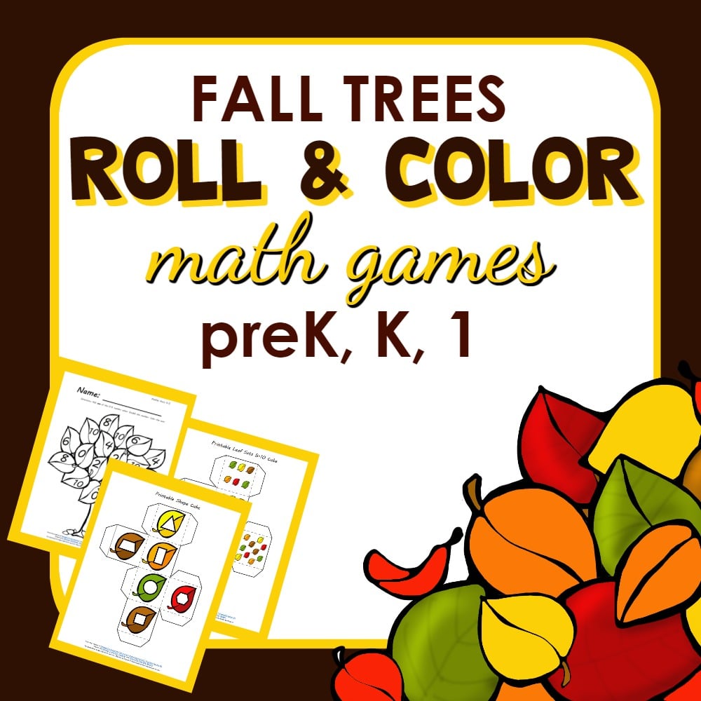 Cover for 'fall trees roll & color math games preK, K, 1' math game pack.