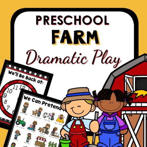 Collage of images which include farm dramatic play printable, text that reads 