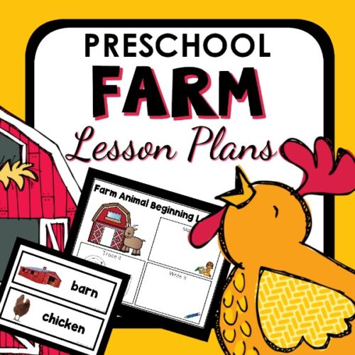 Collage of images which include farm lesson printable, text that reads 