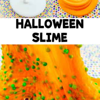 Collage of images that show glue being poured out, completed orange slime, and completed orange slime with the green foam beads being stretched, and text that reads 
