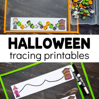 Mini erasers and dry erase markers with fine motor printables with text that reads Halloween tracing printables.