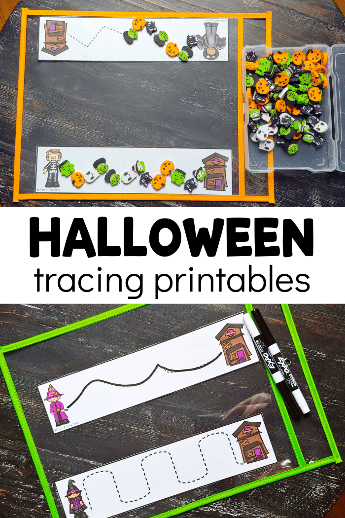 Mini erasers and dry erase markers with fine motor printables with text that reads Halloween tracing printables.