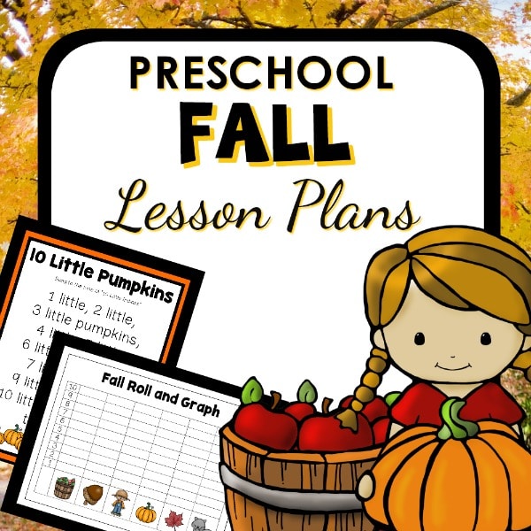 Collage of images which include fall printable lessons, text that reads 