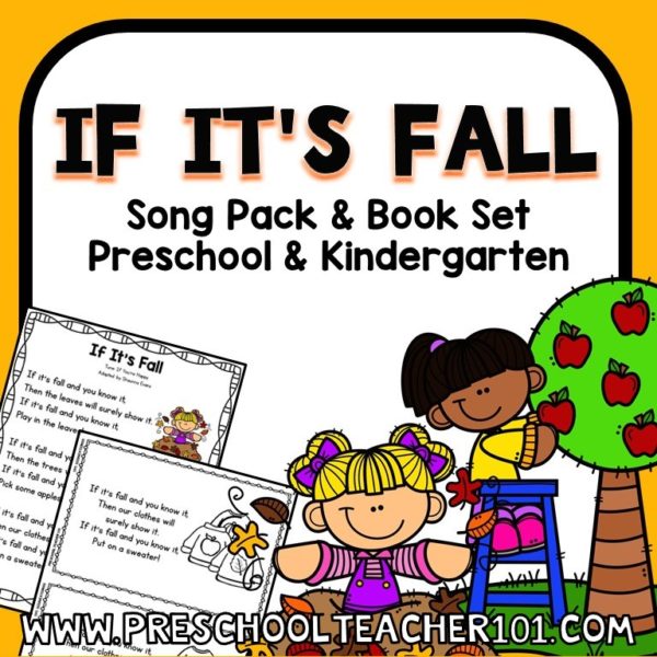Collage of images which include printable fall song, song parts, text that reads 