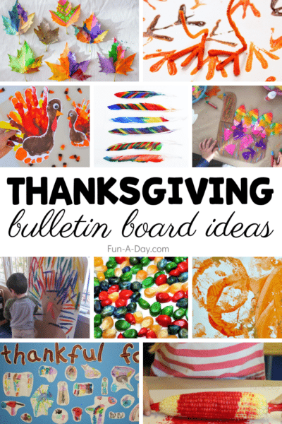 Collage of Thanksgiving bulletin board ideas for preschool.