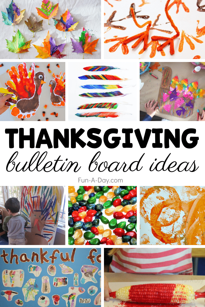 Collage of Thanksgiving art with text that reads Thanksgiving bulletin board ideas.