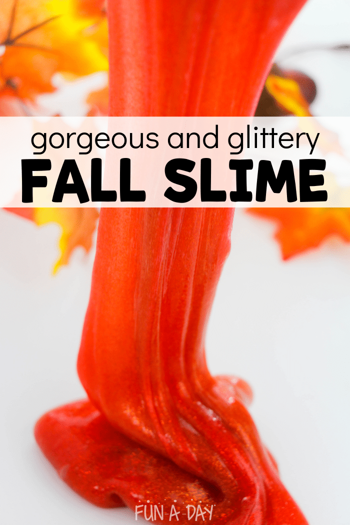 Fall glitter slime being stretched with text that reads 