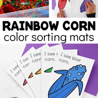 Collage of images which include a clear bin of multicolored corn kernels and two small bowls, a red and purple color sorting mat with a small bowl of corn kernels, and a stack of color sorting mats with the top mat reading 
