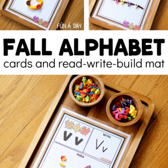 Collage of how to use fall ABC cards with text that reads fall alphabet cards and read-write-build mat