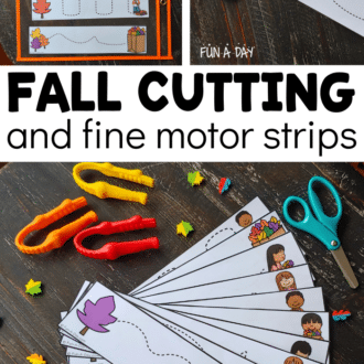 Fall-themed printable strips for preschool with text that reads fall cutting and fine motor strips.