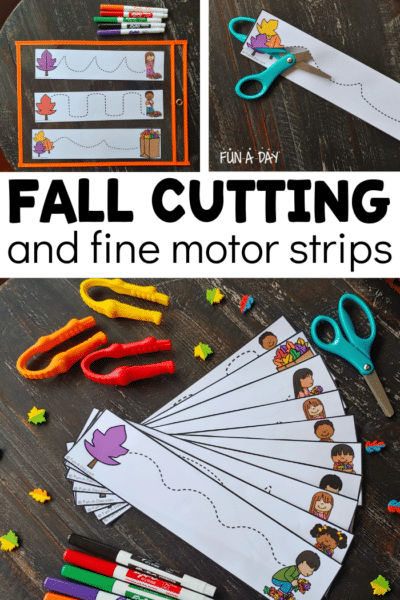 Fall-themed printable strips for preschool with text that reads fall cutting and fine motor strips.