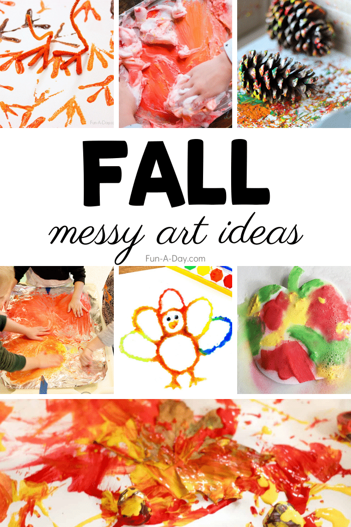 collage of fall art with text that reads fall messy art ideas