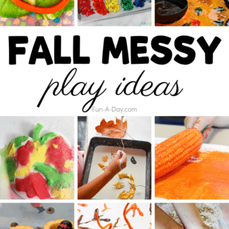 collage of fall activities with text that reads fall messy play ideas