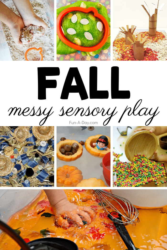 collage of fall sensory ideas with text that reads fall messy sensory play