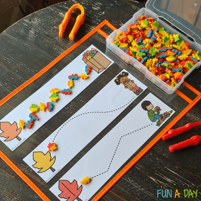 Fall fine motor printables paired with leaf mini erasers and tongs.