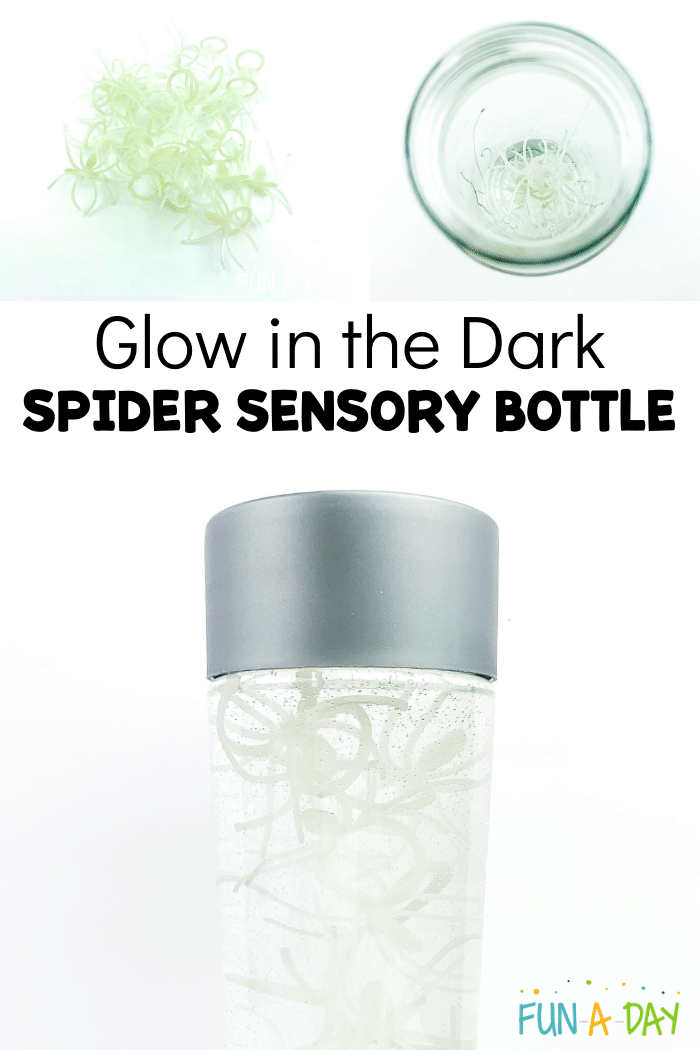 Collage of images which include a pile of white glow in the dark spider rings, rings in open glass jar, and a closed glass bottle with rings floating in a clear liquid. Text that reads 