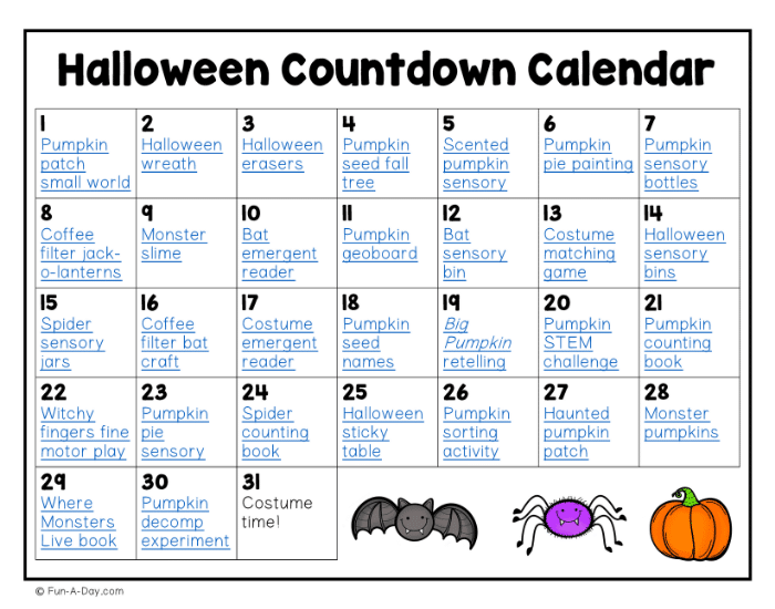 Free Printable Halloween Countdown Calendar with Activities for Kids